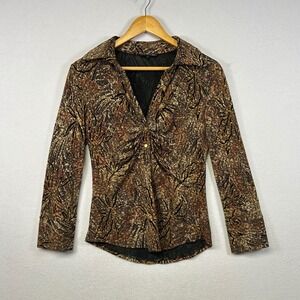 BOHO CHIC Abstract‎ Print Collared Long Sleeve V Neck Ruched Top Size M